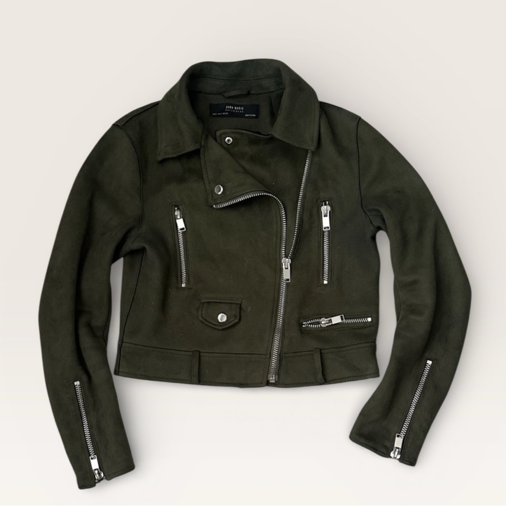Zara Dark Green faux suede women’s Moto light coat Silver Zippers in S